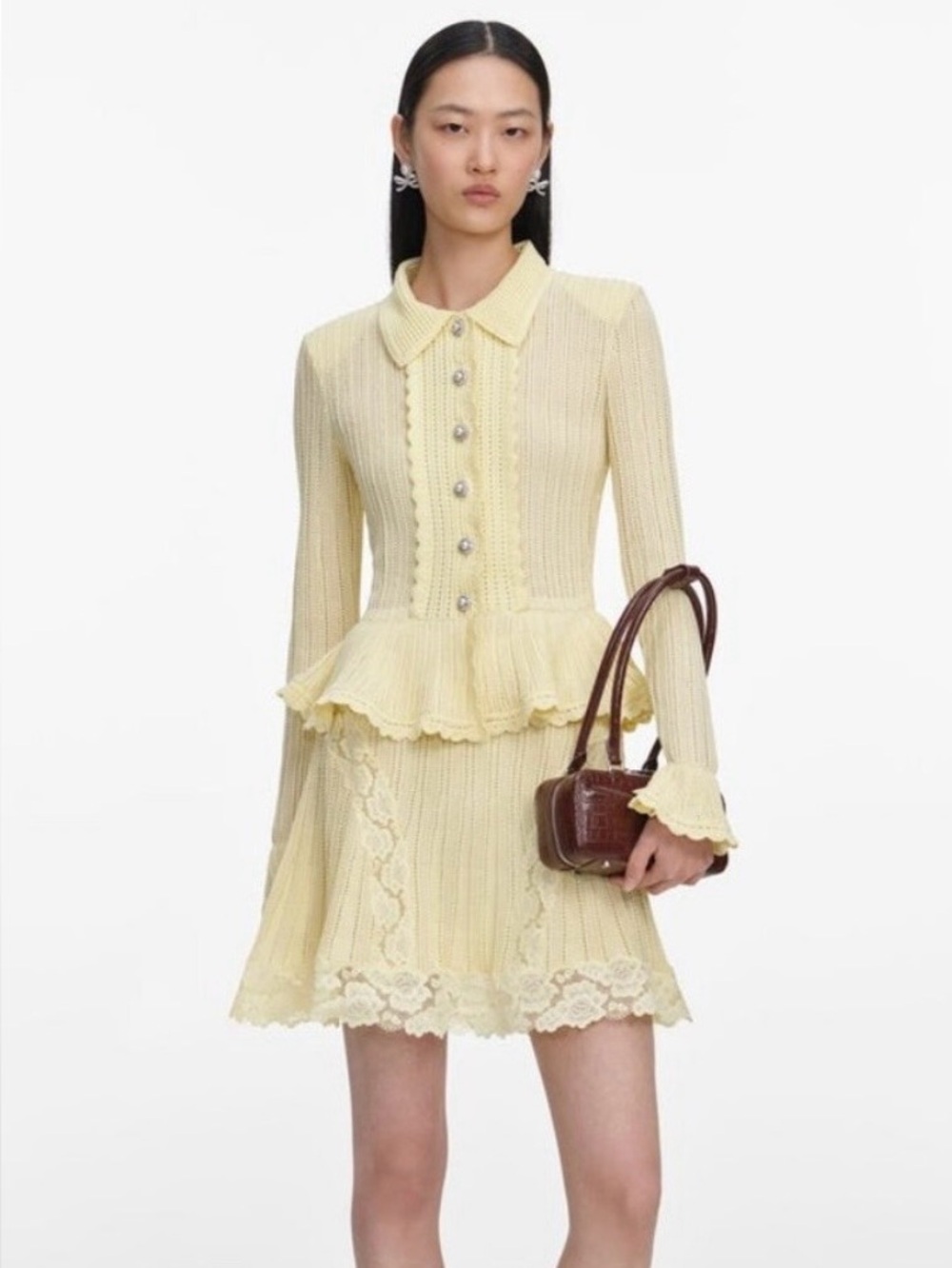 Self Portrait Yellow Pointelle Peplum Knit Mini Dress
